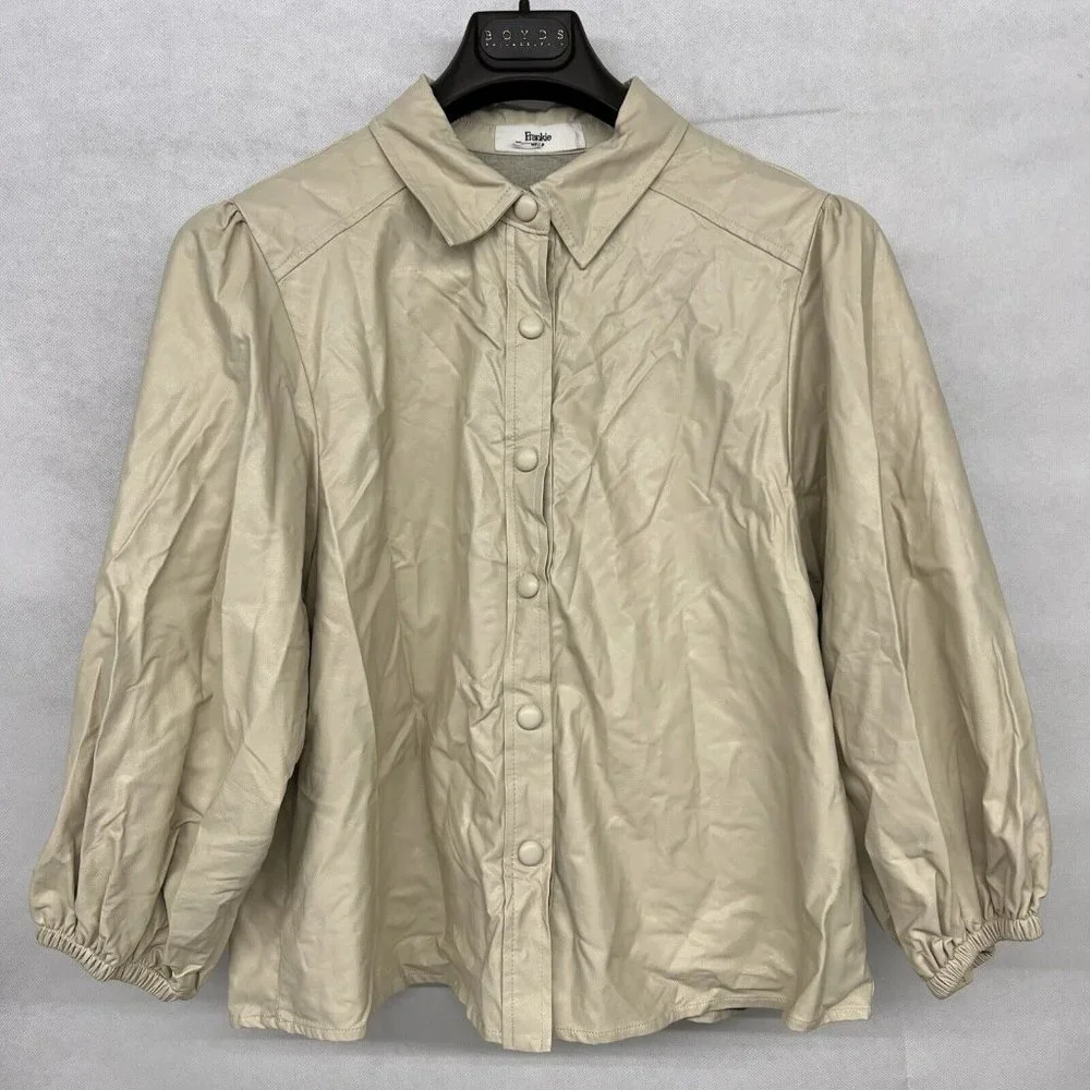 NEW Medium M The Frankie Shop Leandra Faux Leather Shirt In Beige Button Down - Picture 3 of 9